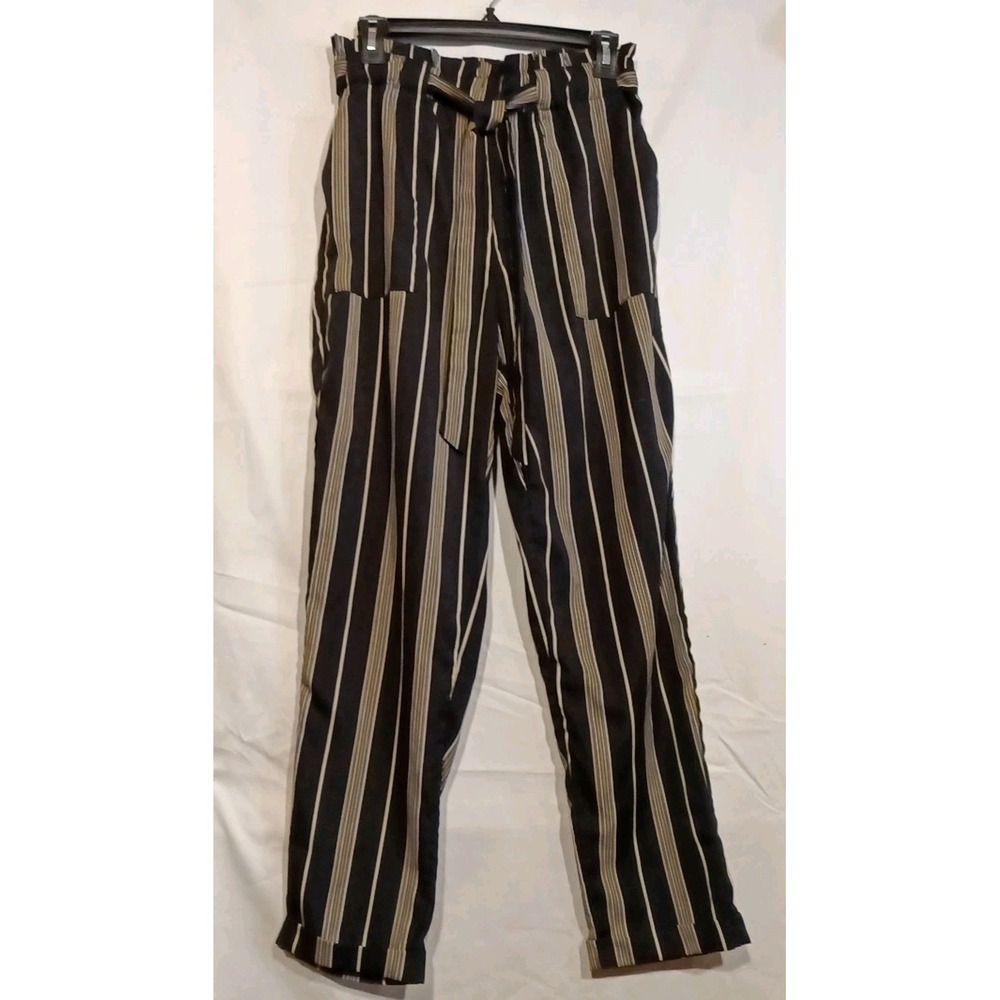Steampunk Renaissance High Rise Straight Leg Stripe PaperBag Waist Tie Belt Sz M